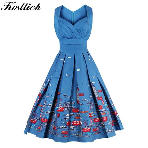 Kostlich Summer Print Vintage Dress Women Sleeveless Audrey Hepburn 50s 60s Retro Dress 2018