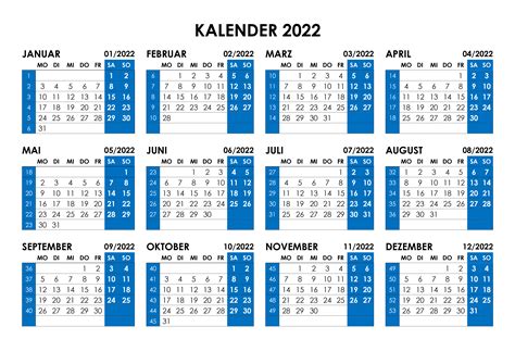 Jahreskalender Mit Wochennummern Horizontal Kalender Su