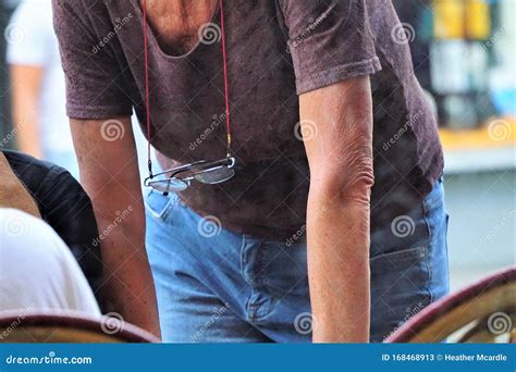 Glasses Hanging On Red Cord Around Neck Of Elderly Person Stock Image Image Of Device Center