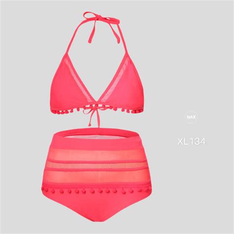 Bikini Dos Piezas Sosten Pompones Rosas Halter Bottom Corte Tiro Alto