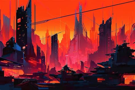 Uma Pintura De Uma Cidade Fundo Vermelho E As Palavras Cyberpunk