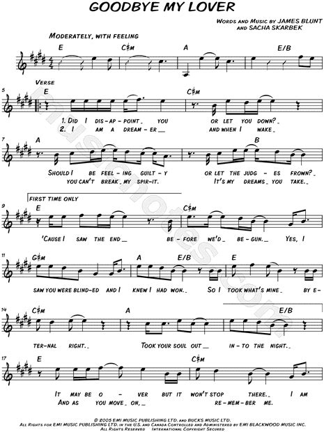 James Blunt Goodbye My Lover Sheet Music Leadsheet In E Major