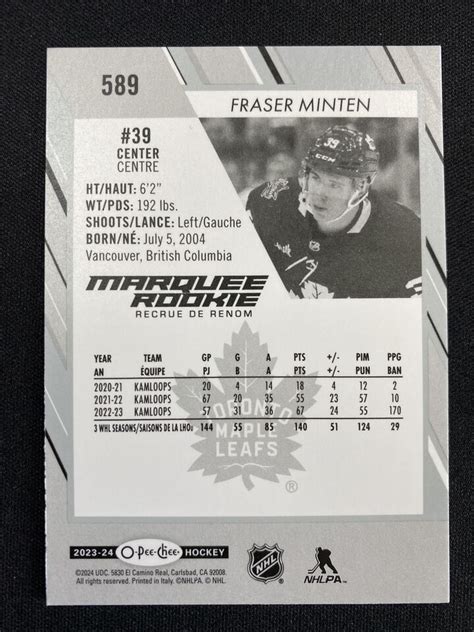 2023 24 O Pee Chee Hockey Marquee Rookie Fraser Minten 589 Toronto