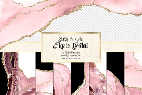 Blush And Gold Agate Borders Digital Watercolor Pink Geode Png