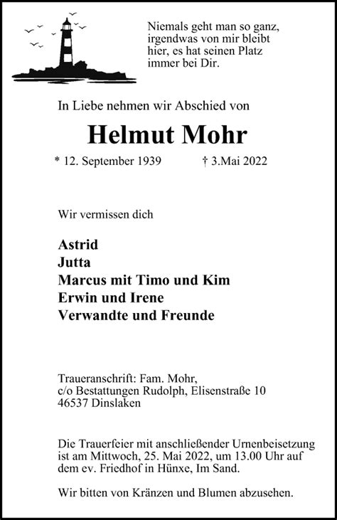 Traueranzeigen Von Helmut Mohr Trauer In Nrw De