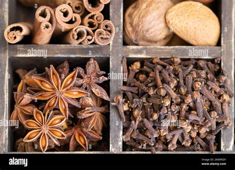 Different Spices Cinnamon Cloves Star Anise On Wooden Box And Nutmeg