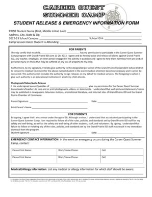 Fillable Online Gpisd Student Release Emergency Information Form