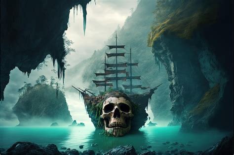 Premium Photo | Giant skull on ghost pirate ship, island in background ...