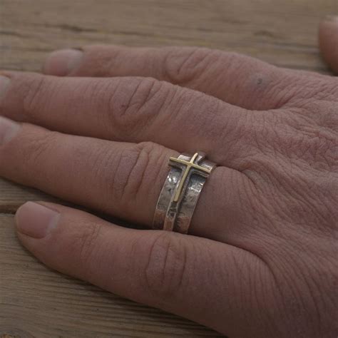 Christian Ring For Men Cross Ring In Sterling Silver And 14kt Gold