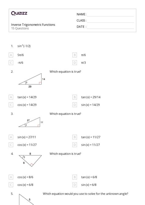 50 Inverse Trigonometric Functions Worksheets For 10th Grade On