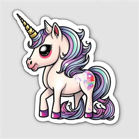 Etiqueta Engomada De Un Unicornio De Dibujos Animados Con Una Melena De