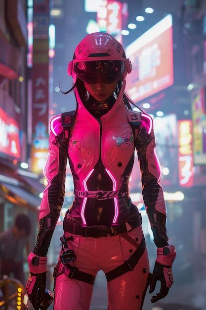 Premium Photo Futuristic Cyberpunk Fashion Model Posing In Neon Lit