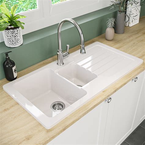 1 5 Bowl Inset White Ceramic Kitchen Sink With Reversible Drainer Alexandra Appliances Direct