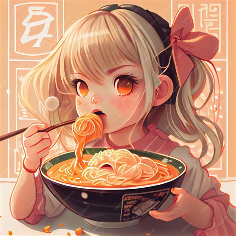 Premium Photo Cute Kawaii Girl Eating Chinese Noodles Or Ramen Anime