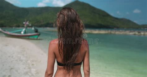 Long Hair Woman In Bikini Walking Malibu Beach Stock Image Image Of