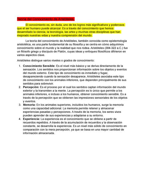 Teoría Del Conocimiento De Aristóteles Experiencia Y Conocimiento