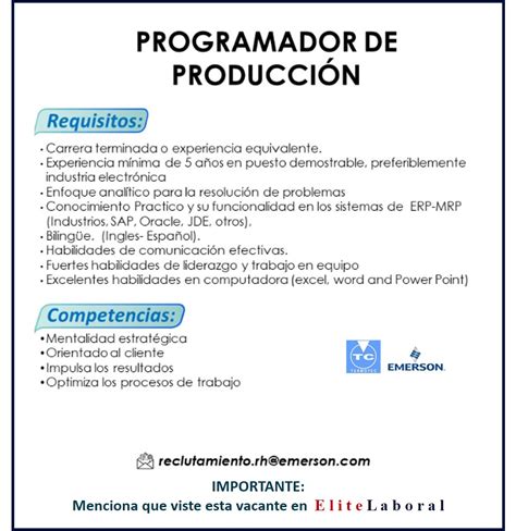 Vacante Programador De Produccion Elitelaboral