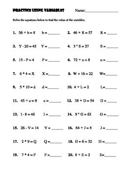 Math Simple Variables Worksheet