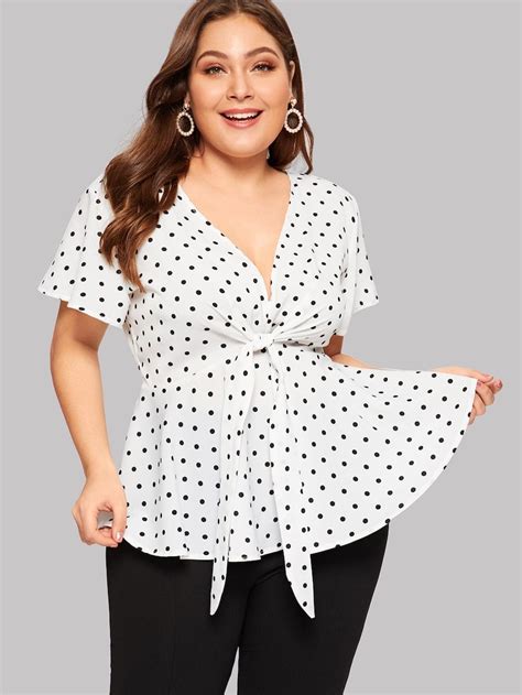 Plus Polka Dot Knot Front Blouse Knot Front Blouse Plus Size Blouses