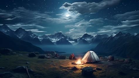 Premium Ai Image Hiking Through Mountain Range Camping Under Stars