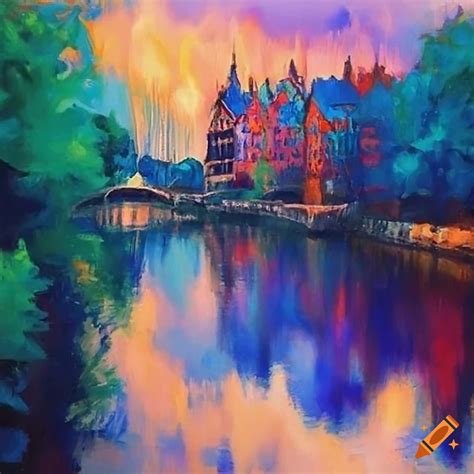 Impressionistic Painting Of A River Embankment Cityscape