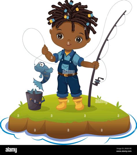 Vector Cute African American Boy Fishing Stock Vector Image And Art Alamy