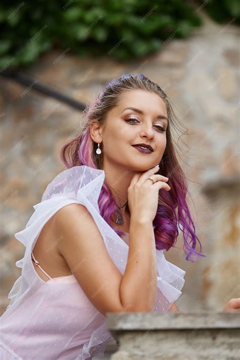 Premium Photo Portrait Of A Bride With Purple Hair Close Up A Woman