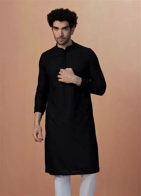 Buy Black Self Embroidered Kurta Pajama Online in India @Manyavar - Kurta Pajama for Men