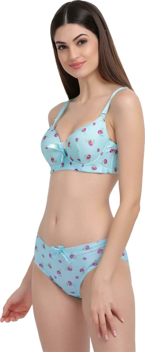 GOKIX Women Light Blue Floral Print Cotton Linen Blend Lingerie Set