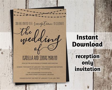 Reception Only Invitation Template - Rustic Printable Wedding Reception ...