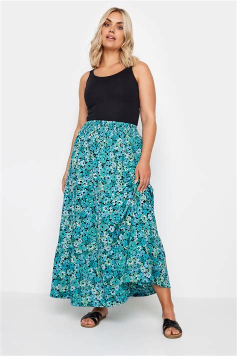 Yours Plus Size Blue Floral Print Textured Tiered Maxi Skirt Yours