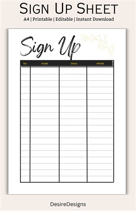 Editable Printable Sign Up Sheet Sign Up Sheet Sign Up Organizer