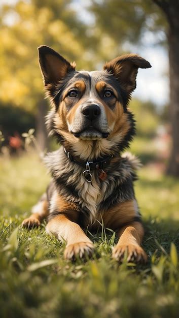 Um Cachorro Deitado Na Grama Fundo Desfocado Foto Premium