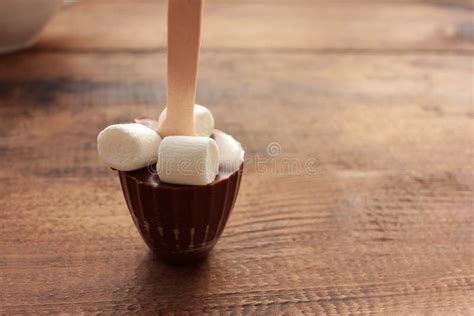 Hot Chocolate With Marshmallow On A Stick Hot Chocolate Stirrer On Wooden Background Stock