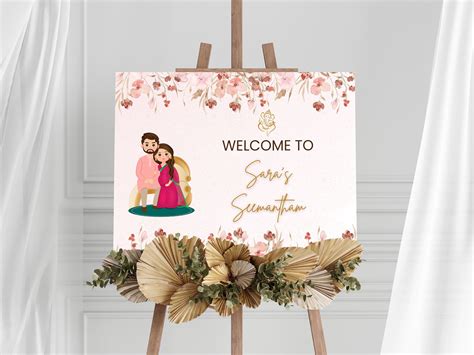 Pink Sreemantham Welcome Sign Template Editable Indian Baby Shower