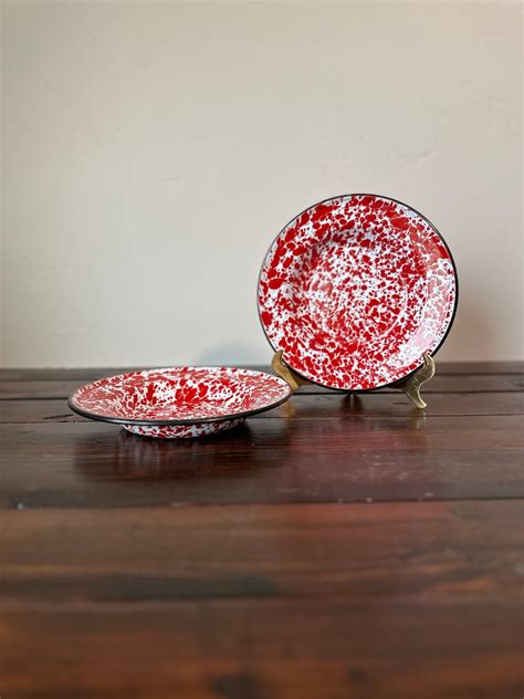 Vintage Enamelware Plates Vintage Red And White Splatterware Enamel