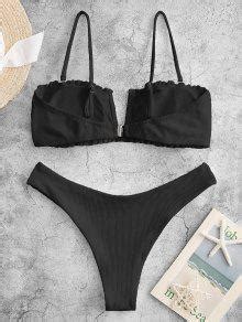 Zaful V Wired Ribbed High Leg Bikini Swimwear In Black Zaful