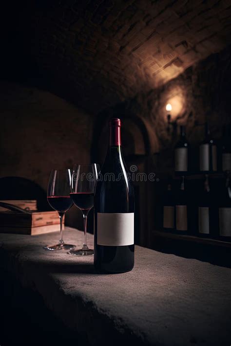 Bottle And Glasses Of Red Wine In Wine Shop Or Winery Cellar Stock