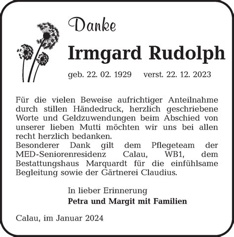 Traueranzeigen Von Irmgard Rudolph Lr Online Trauer De