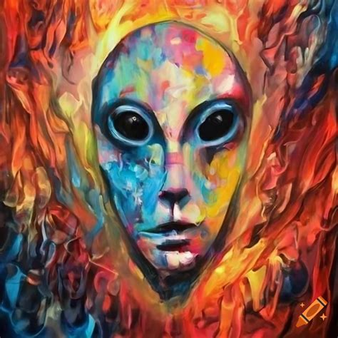 Abstract Knife Painting Of Geometric Alien Face With Fire And Water