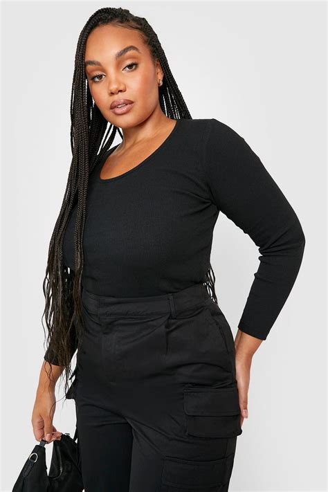 Black Plus Rib Scoop Neck Long Sleeve Top Boohoo Uk