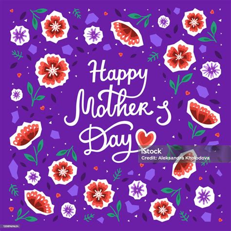 Happy Mothers Day Greeting Card With Hearts Red And Purple Flowers