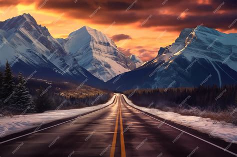 A road leading to mountains with a sunset in the background | Premium AI-generated image