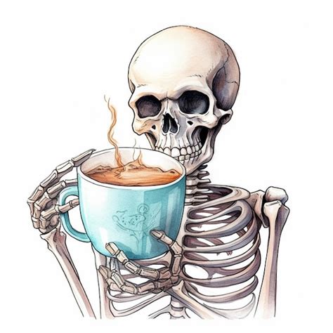 Esqueleto sosteniendo una taza de café con una calavera en él ai