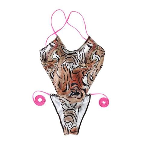 Bikini une pièce sexy à col en V pour femmes avec coussin de poitrine et sans imprimé léopard