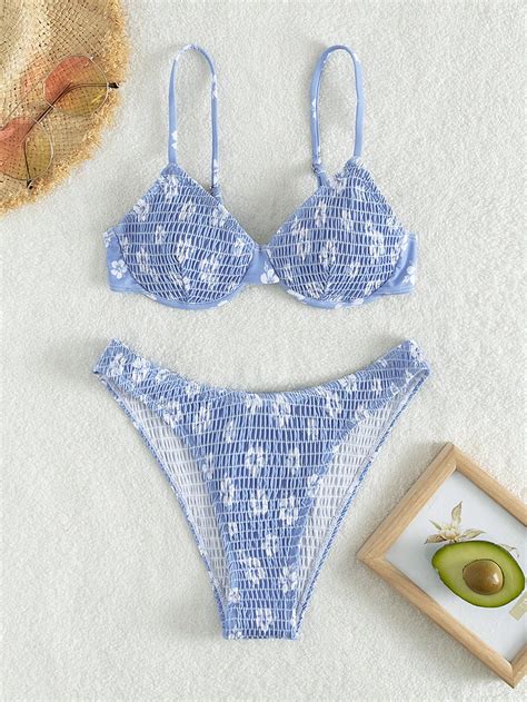 SHEIN Swim Mod Floral Smocked Underwire Bikini Swimsuit SHEIN UK