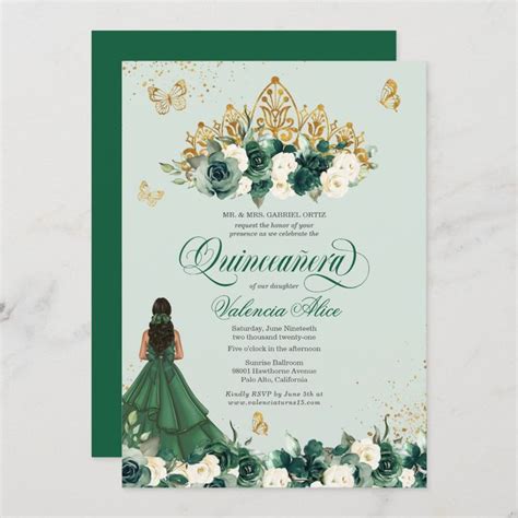 Emerald Green Floral Tiara Butterfly Quinceanera Invitation Zazzle