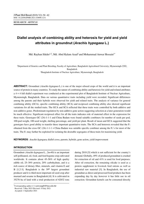 Pdf Diallel Analysis Of Combining Ability And Heterosis For Yield And