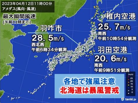 各地で風吹き荒れる 最大瞬間風速は羽田空港で20メートル超 前線通過時の強風注意気象予報士 日直主任 2023年04月12日 日本気象協会 Tenkijp