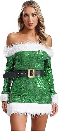 Acsuss Women Christmas Dress With Belt Sexy Santa Sequin Babydoll Chemise Holiday Lingerie Dress